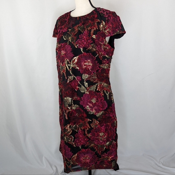 NWT SAM EDELMAN Red & Gold Metallic Brocade Mini Shift Dress, Size 14 - Picture 6 of 12